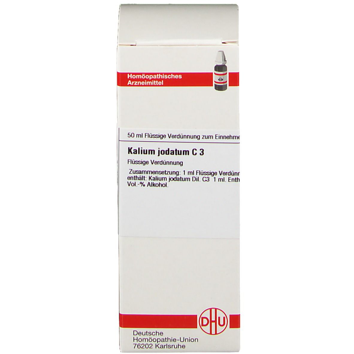 Weiße Verpackung mit Produktabbildung und Informationen. Deutsche Homöopathie-Union.
