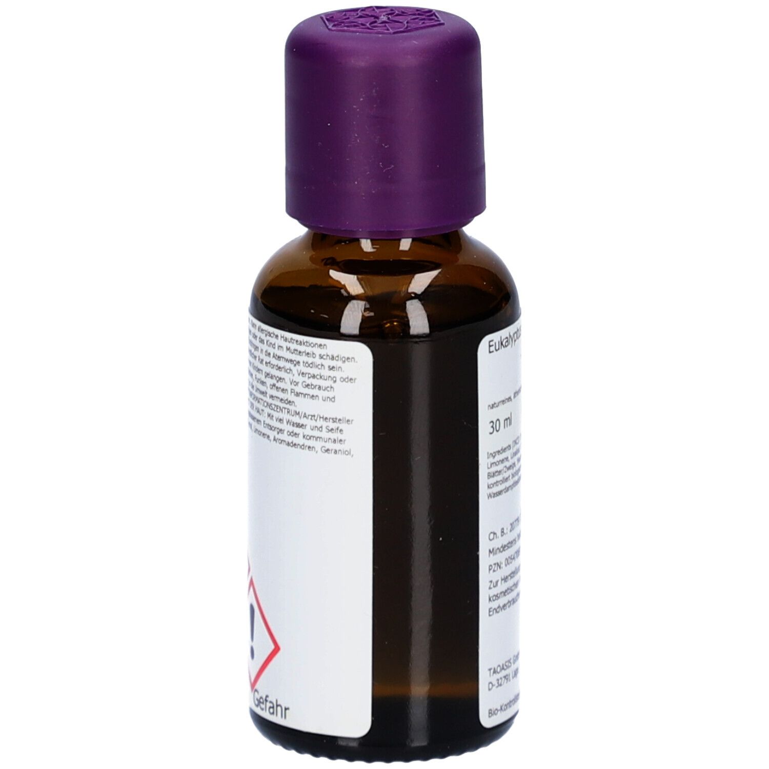 Braune Glasflasche mit lila Verschluss. Etikett mit Gefahrensymbolen. Warnhinweis: Gefahr.