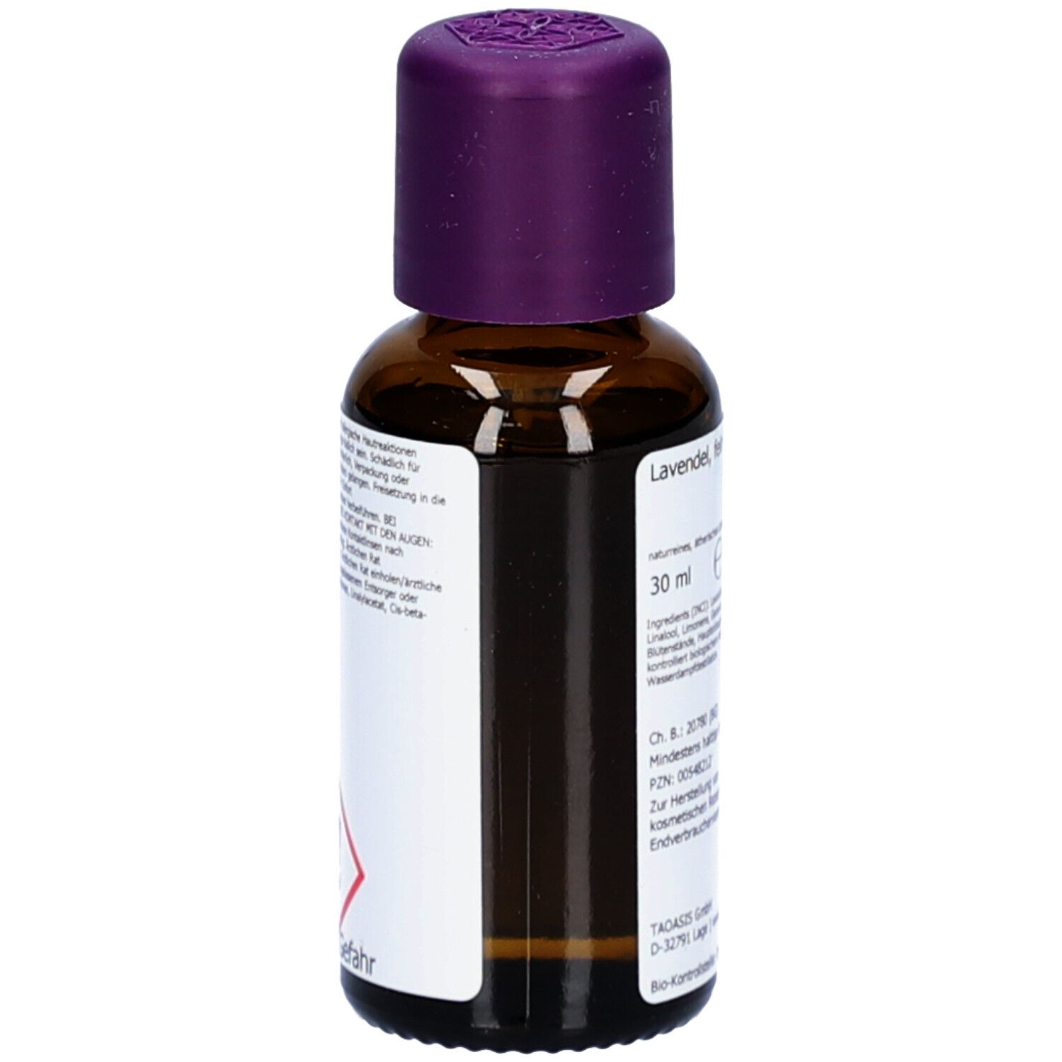 Braune Glasflasche mit lila Verschluss. Etikett mit Produktinformationen. Gefahrenhinweis-Piktogramme.