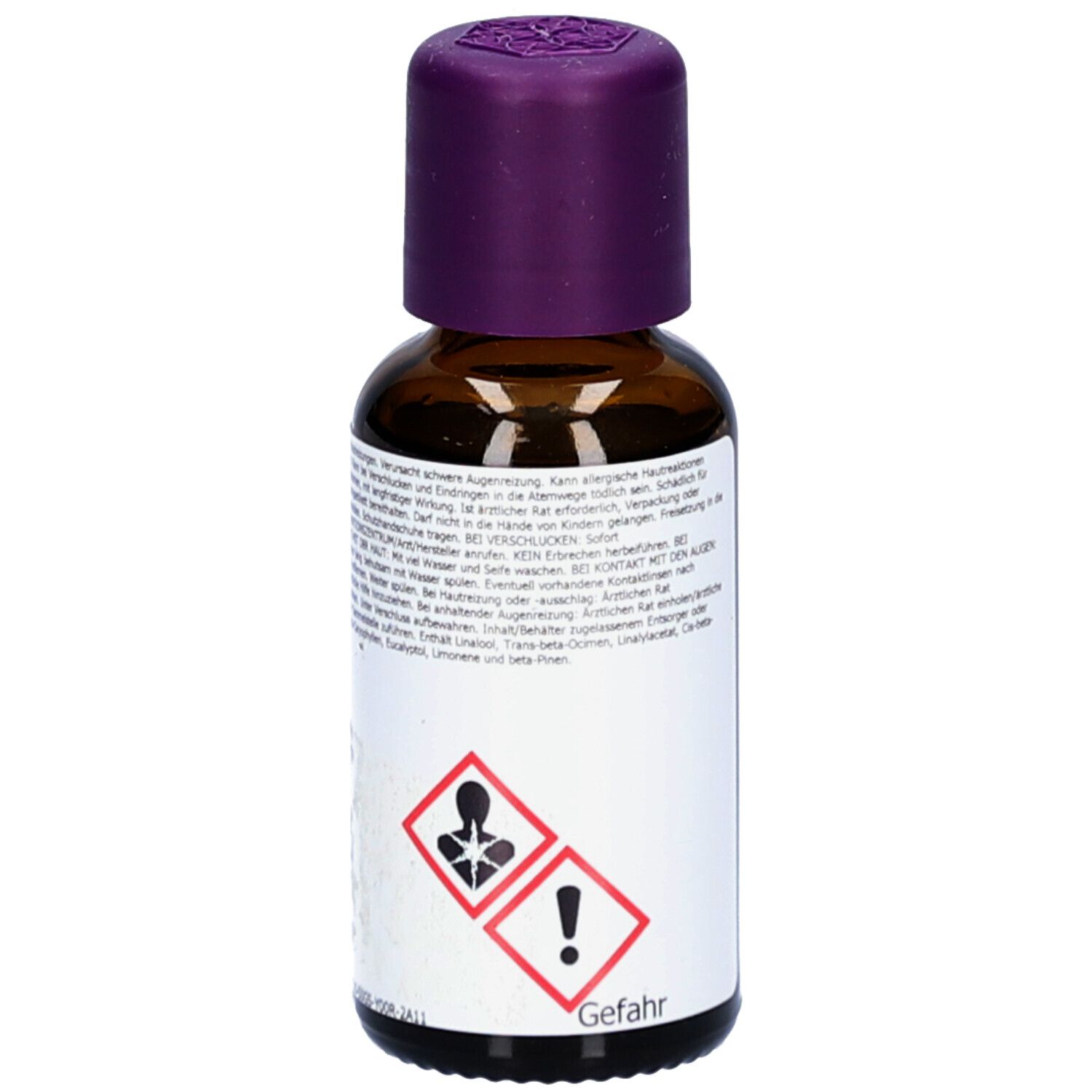 Braune Glasflasche mit lila Verschluss. Etikett mit Gefahrenhinweis-Piktogrammen. Warnhinweise.