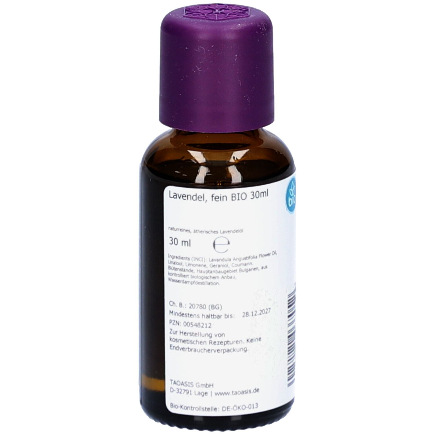 Braune Glasflasche mit lila Verschluss. Etikett mit Produktinformationen und Bio-Siegel. Lavendelöl.