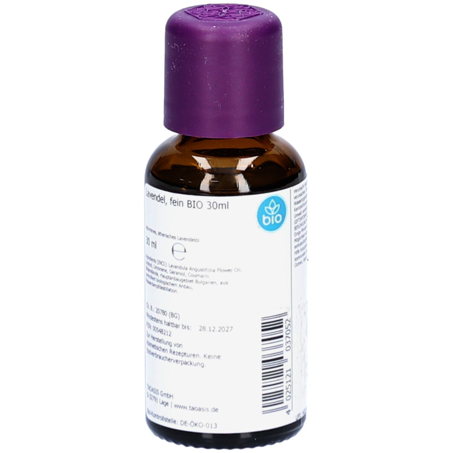 Braune Glasflasche mit lila Verschluss. Etikett mit Produktinformationen und Bio-Siegel. Lavendelöl.