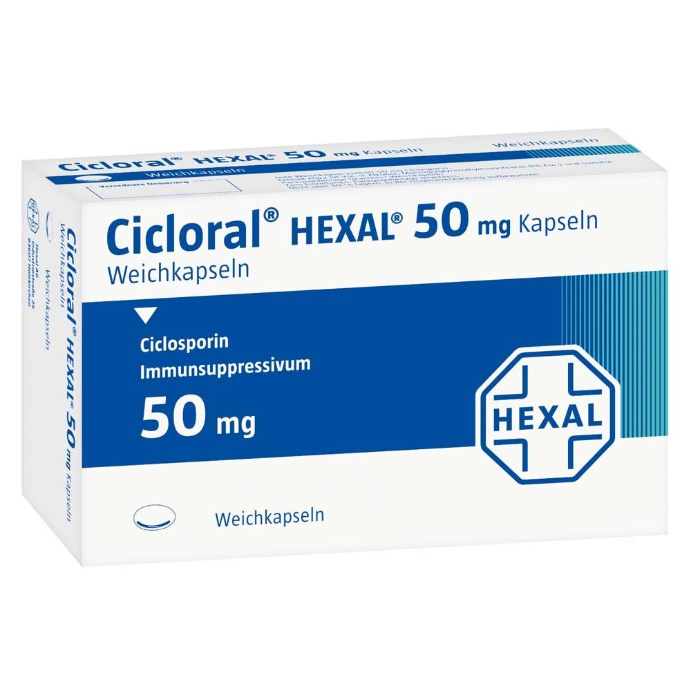 Schachtel mit Cicloral HEXAL 50 mg Kapseln. Aufschrift: Ciclosporin, Immunsuppressivum, 50 mg. Weiß-blaue Verpackung.