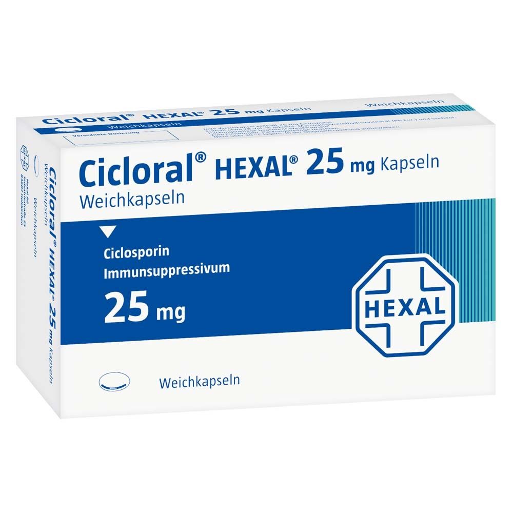 Cicloral Hexal 25 mg Kapseln-Packung. Weiße Schachtel mit blauer Beschriftung. Enthält 25 mg Ciclosporin. Hexal-Logo.