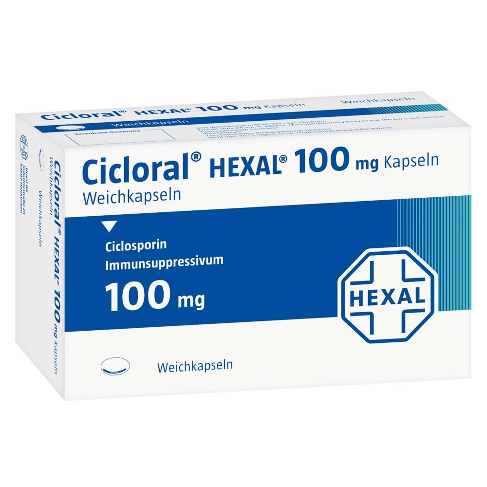 Schachtel mit CICLORAL HEXAL 100 mg Kapseln. Blaue und weiße Verpackung mit Produktnamen, Dosierung und HEXAL-Logo.