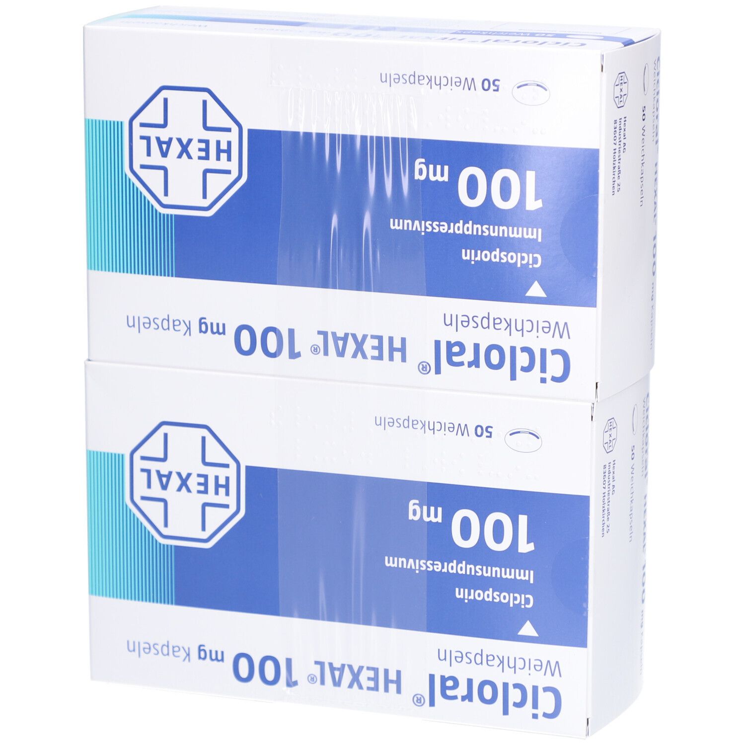 Zwei Schachteln CICLORAL HEXAL 100 mg Kapseln. Verpackung mit Produktnamen, Dosierung und HEXAL-Logo. 50 Weichkapseln.
