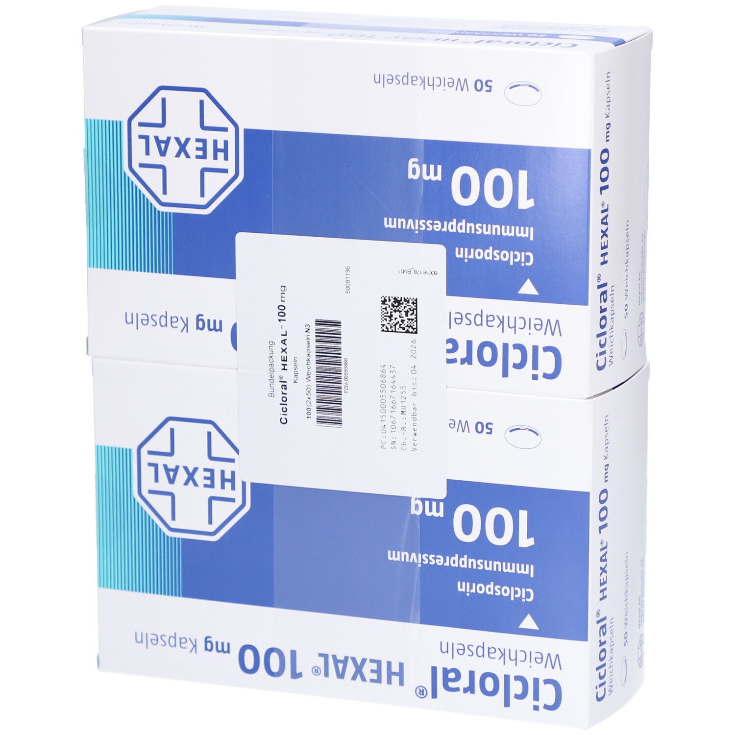 Zwei Schachteln CICLORAL HEXAL 100 mg Kapseln. Verpackung mit Produktnamen, Dosierung und HEXAL-Logo. Mit Aufkleber.