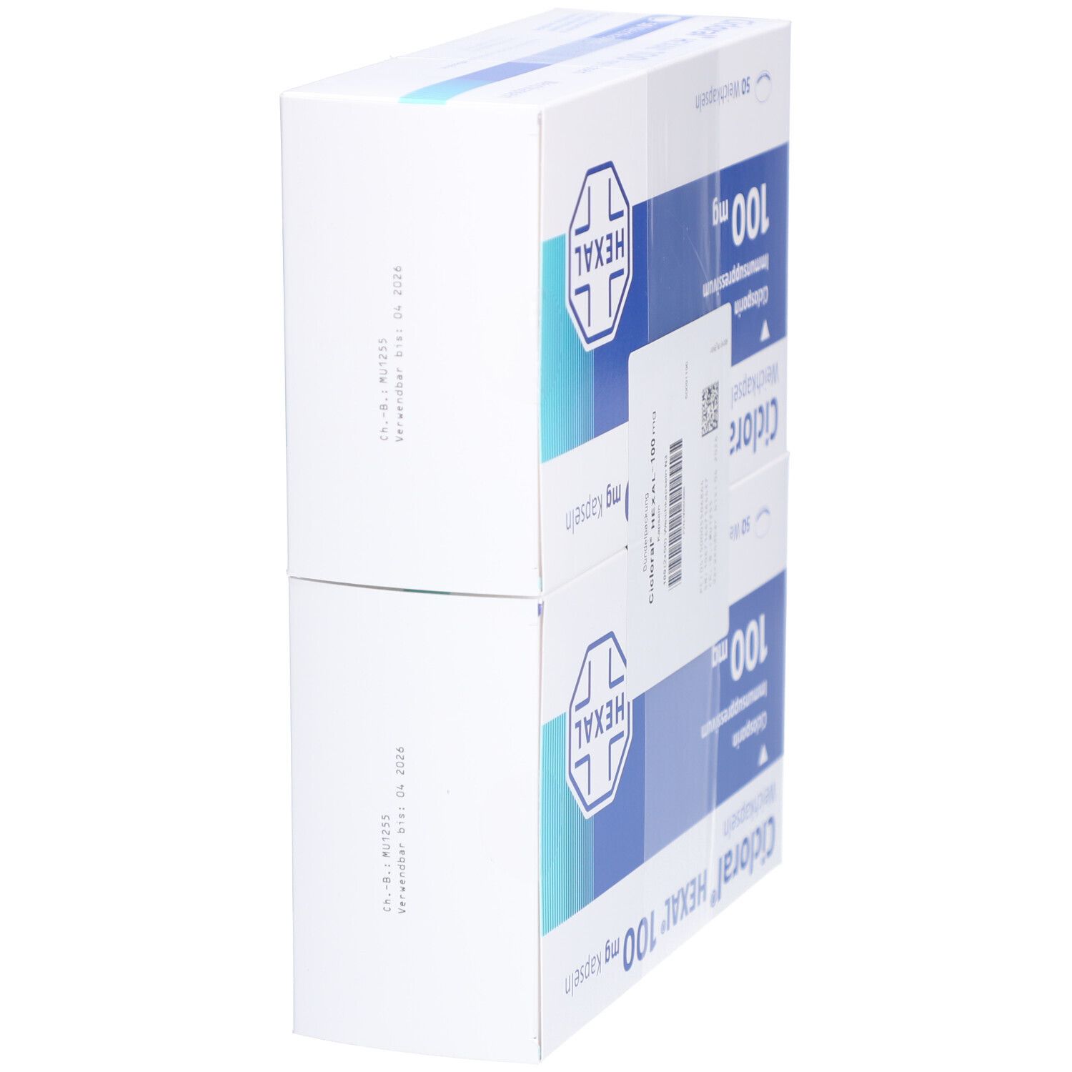Zwei Schachteln CICLORAL HEXAL 100 mg Kapseln. Seitenansicht der Verpackung mit Produktinformationen und HEXAL-Logo.