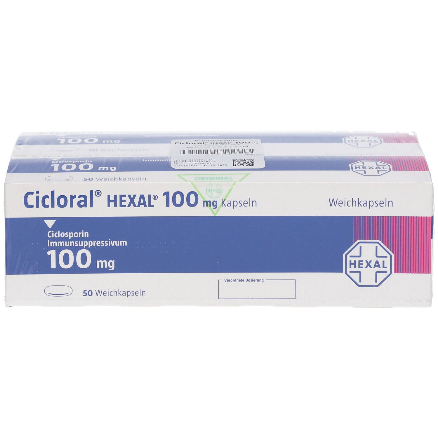 Zwei Schachteln CICLORAL HEXAL 100 mg Kapseln. Verpackung mit Produktnamen, Dosierung und HEXAL-Logo. 50 Weichkapseln.