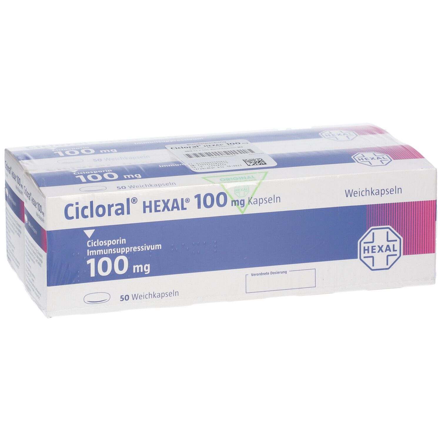 Zwei Schachteln CICLORAL HEXAL 100 mg Kapseln. Verpackung mit Produktnamen, Dosierung und HEXAL-Logo. 50 Weichkapseln.