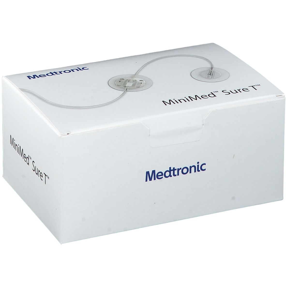 Weiße Verpackung mit MiniMed Sure T-Logo und Medtronic-Logo. Abgebildet ist ein Infusionsset.