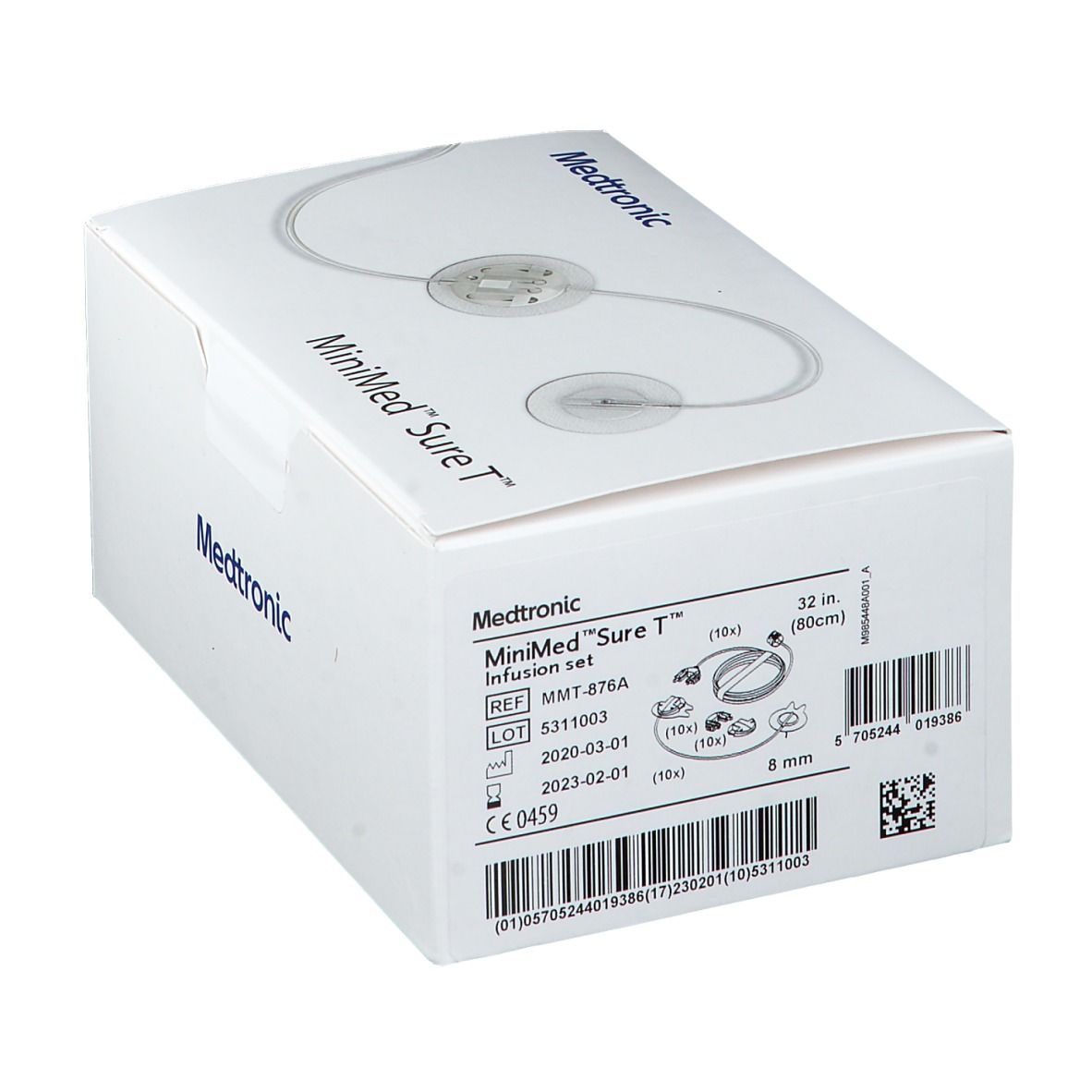 Weiße Verpackung mit MiniMed Sure T-Logo und Medtronic-Logo. Enthält ein Infusionsset. 8 mm, 80 cm.