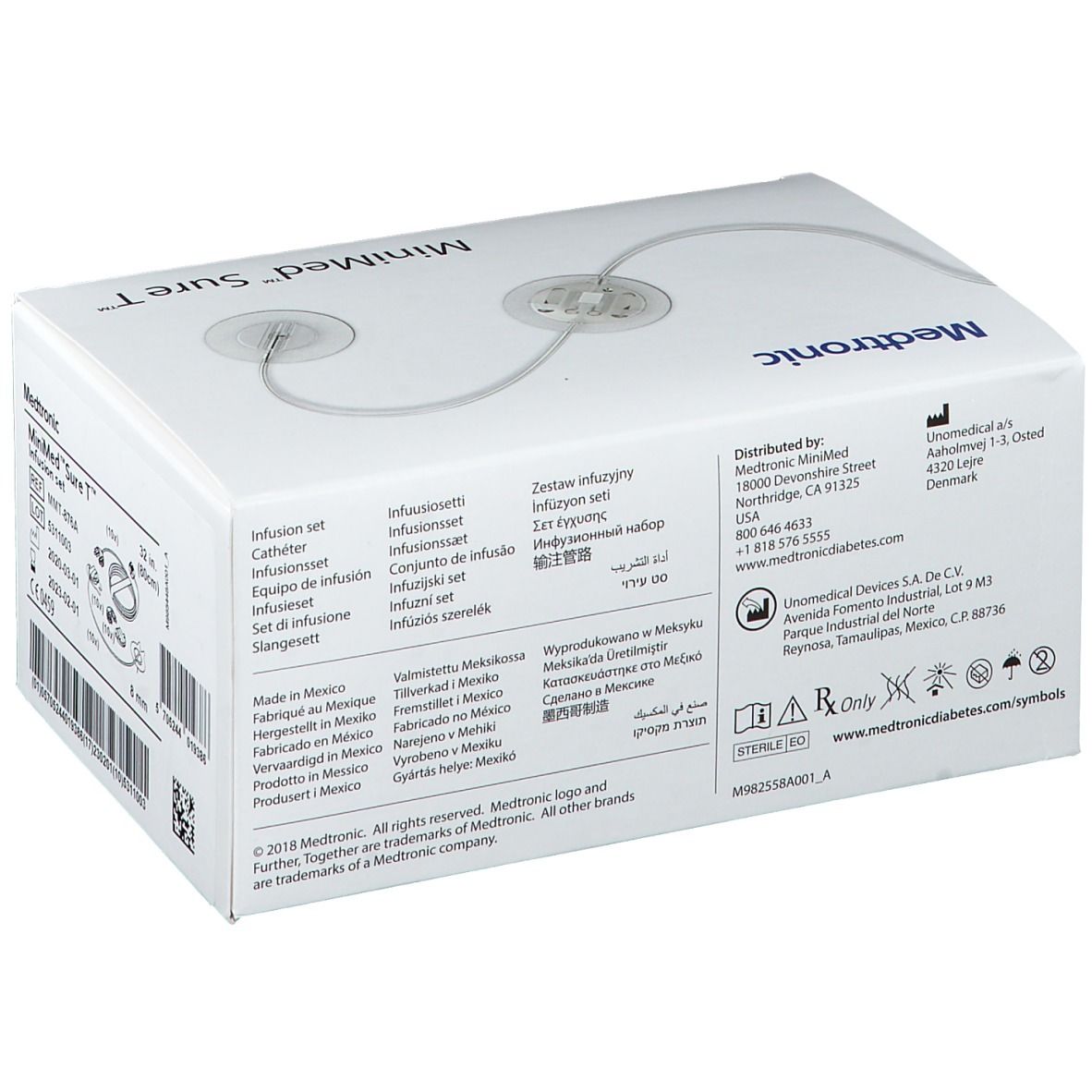 Weiße Verpackung mit MiniMed Sure T-Logo und Medtronic-Logo. Enthält ein Infusionsset. Mehrsprachige Texte.