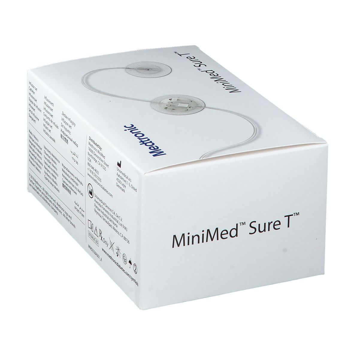 Weiße Verpackung mit MiniMed Sure T-Logo und Medtronic-Logo. Enthält ein Infusionsset. Details und Symbole.