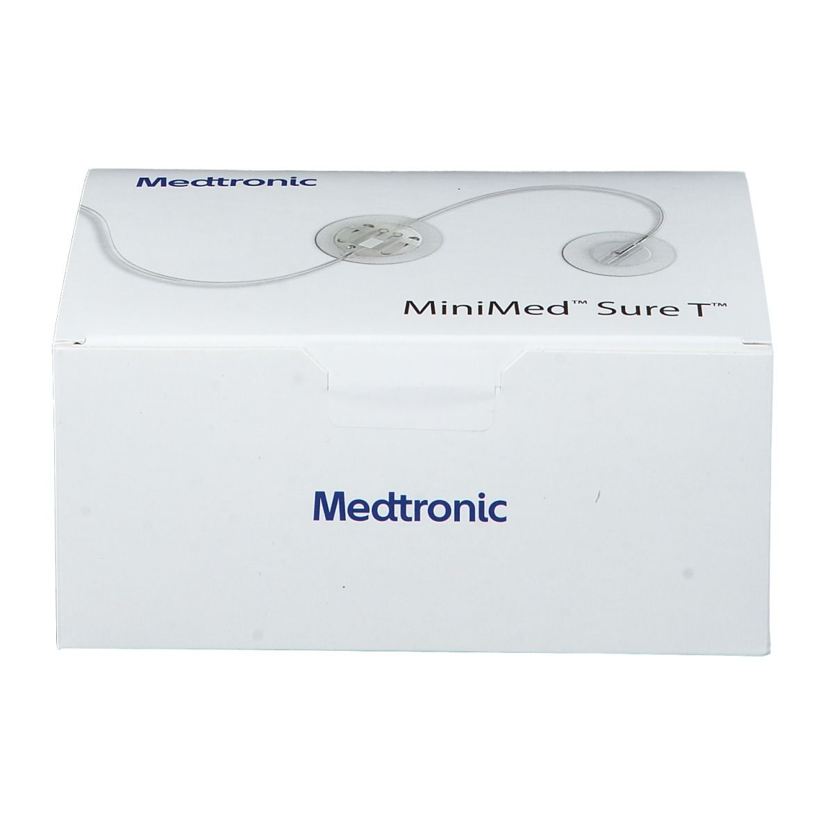 Weiße Verpackung mit MiniMed Sure T-Logo und Medtronic-Logo. Abgebildet ist ein Infusionsset.