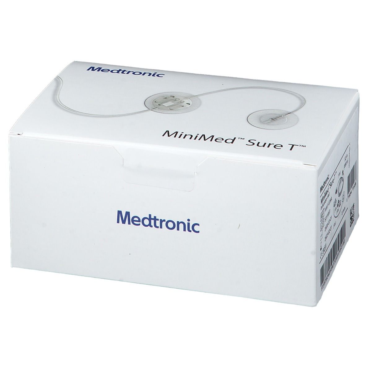 Weiße Verpackung mit MiniMed Sure T-Logo und Medtronic-Logo. Enthält ein Infusionsset. Details auf der Verpackung.