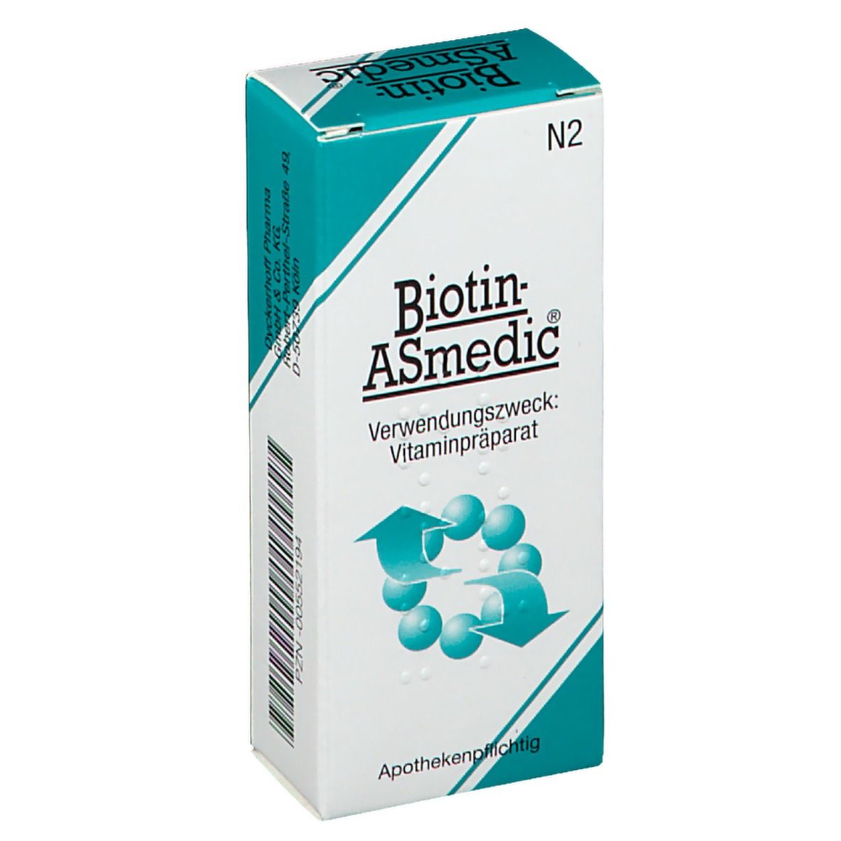 Verpackung von Biotin-ASmedic Tabletten. Aufschrift: Vitaminpräparat. Apothekenpflichtig. Türkis-weiße Farbgebung.