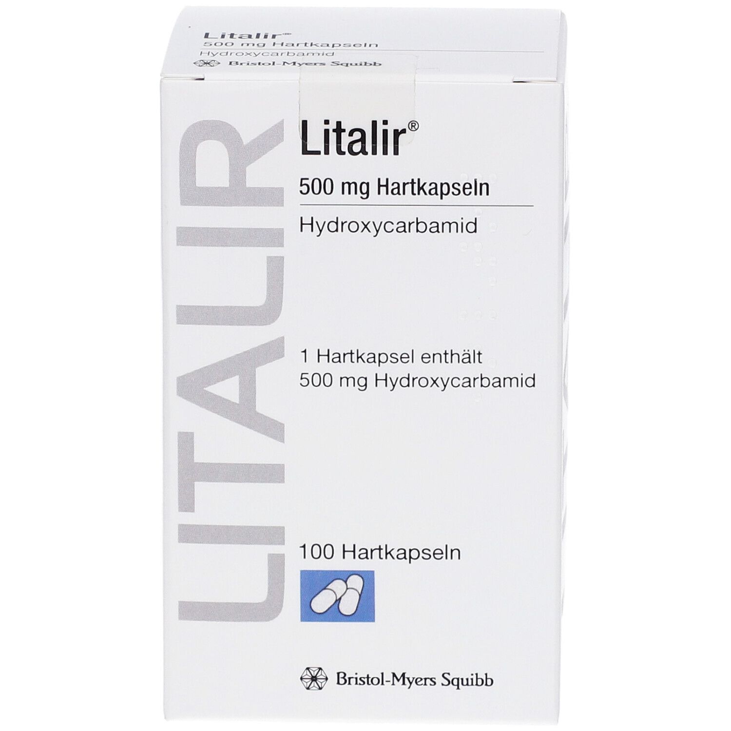 Weiße Litalir-Schachtel. Aufschrift: 500 mg Hartkapseln, Hydroxycarbamid, 100 Hartkapseln. Logo Bristol-Myers Squibb.