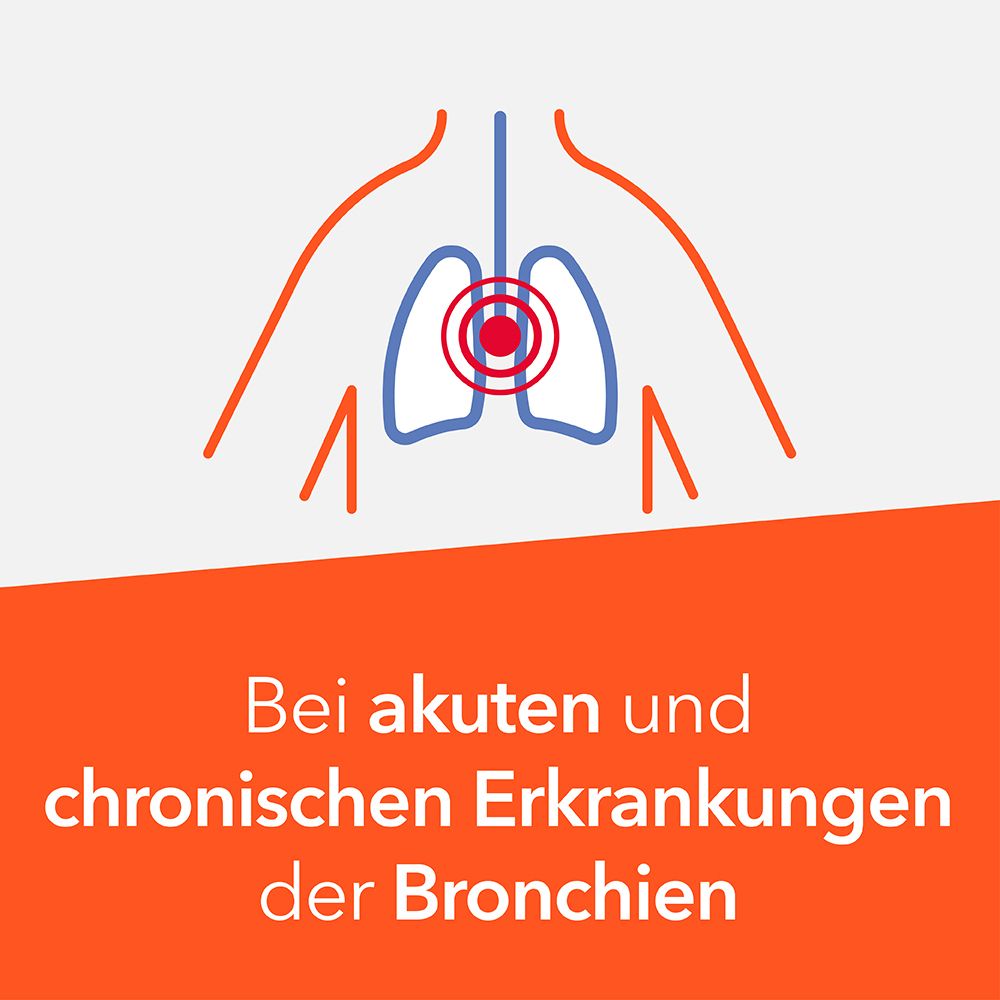 Grafik: Lunge mit rotem Punkt. Text: Bei akuten und chronischen Erkrankungen der Bronchien.