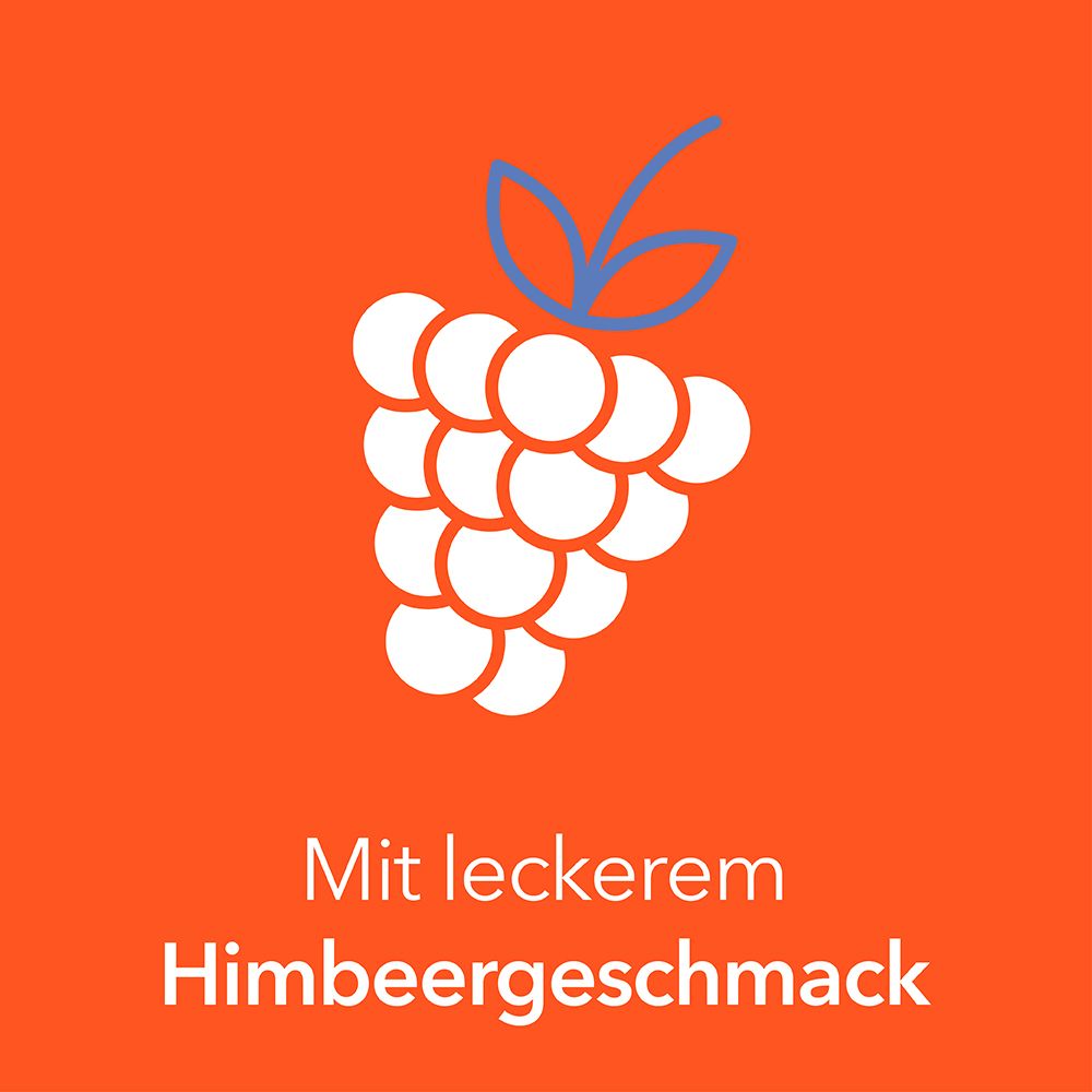 Grafik: Himbeeren. Text: Mit leckerem Himbeergeschmack.