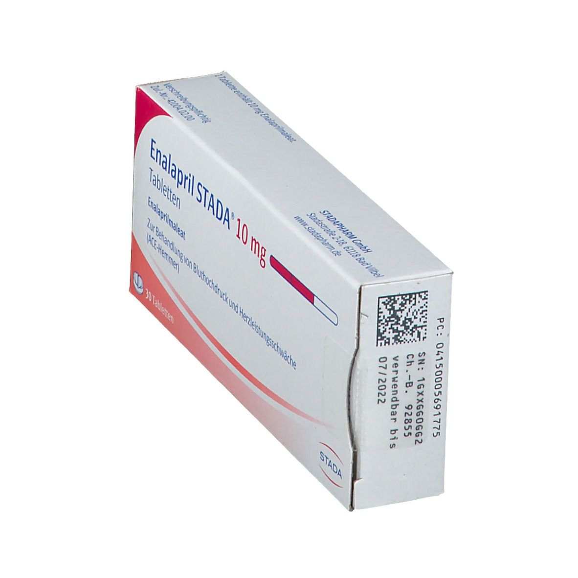 Enalapril STADA® 10 mg Tabletten-Packung. Weiße Schachtel mit roter Schrift. Enthält 30 Tabletten. Seitenansicht mit Barcode.
