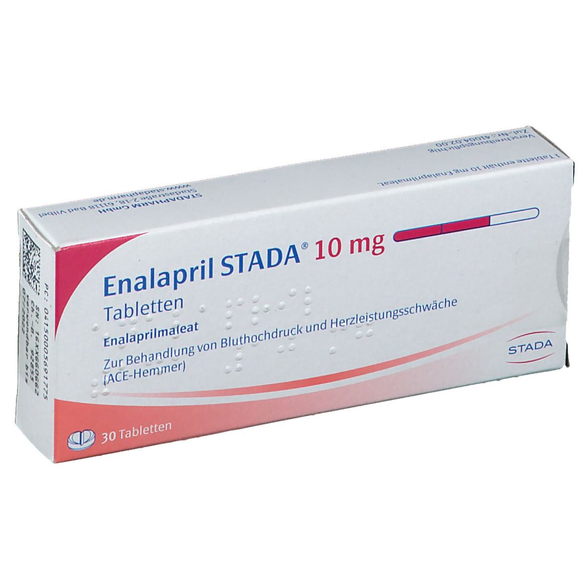 Enalapril STADA® 10 mg Tabletten-Packung. Weiße Schachtel mit roter Schrift. Enthält 30 Tabletten. Text: Zur Behandlung von Bluthochdruck.