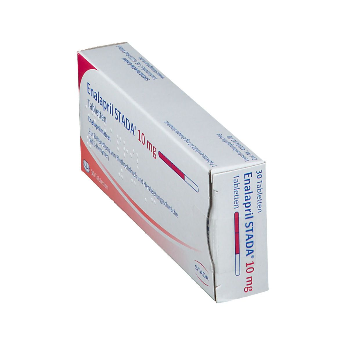 Enalapril STADA® 10 mg Tabletten-Packung. Weiße Schachtel mit roter Schrift. Enthält 30 Tabletten. Seitenansicht mit Text.