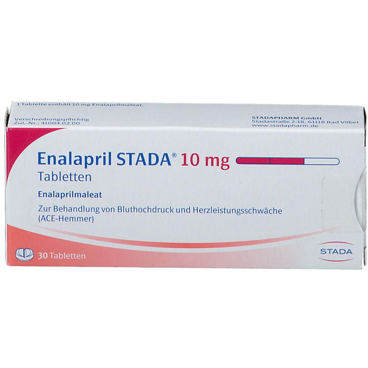 Enalapril STADA® 10 mg Tabletten-Packung. Weiße Schachtel mit roter Schrift. Enthält 30 Tabletten. Text: Zur Behandlung von Bluthochdruck.