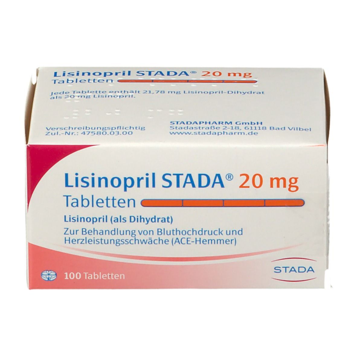 Lisinopril STADA 20 mg Tabletten Schachtel, Vorderseite mit Details.