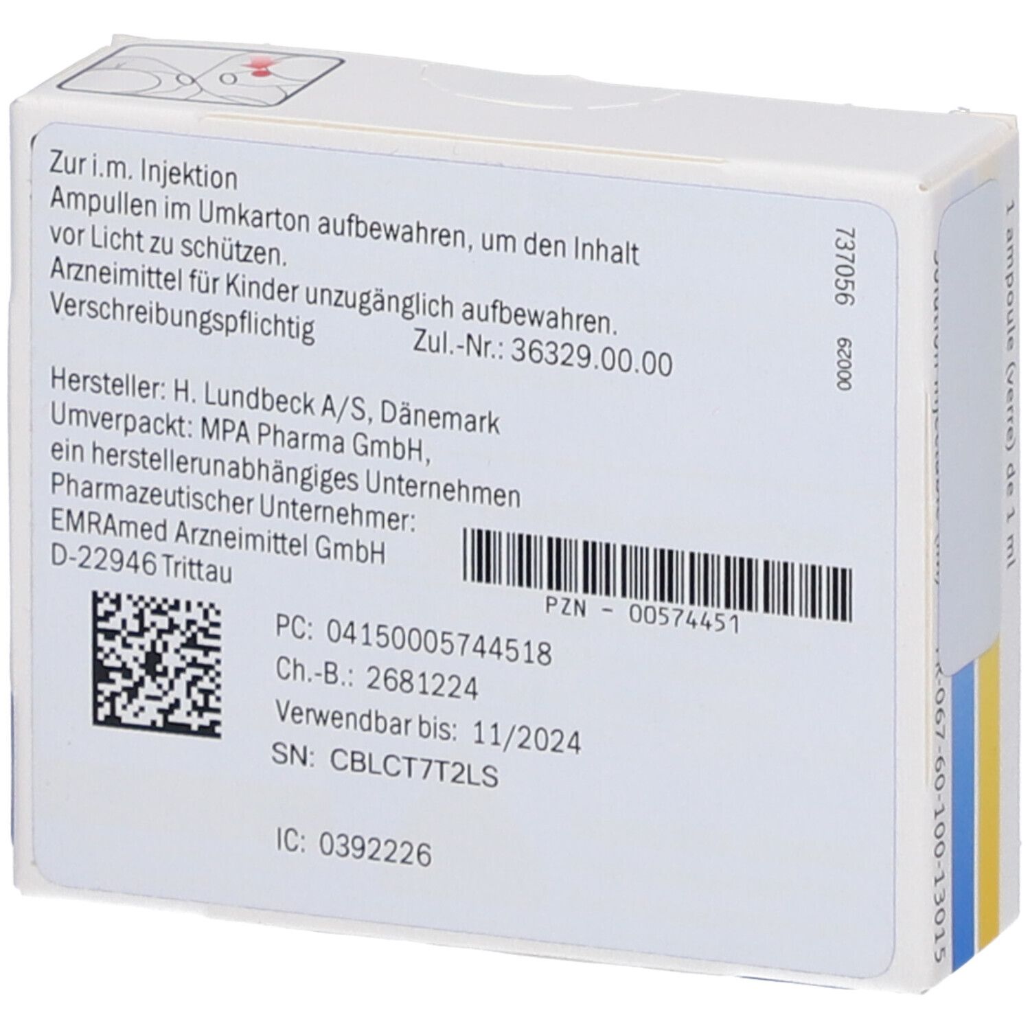 Rückseite des Fluanxol Depot 10% Kartons. Informationen zu Hersteller, Chargennummer und Verfallsdatum.