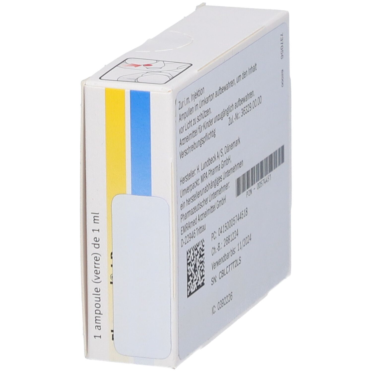 Schrägansicht der Rückseite des Fluanxol Depot 10% Kartons. Informationen zu Hersteller und Verfallsdatum.