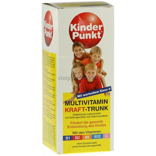 Verpackung von Kinder Punkt Multivitamin Kraft-Trunk. Aufdruck: Kinder Punkt, Kinder auf rotem Kreis, Text und Vitaminangaben.