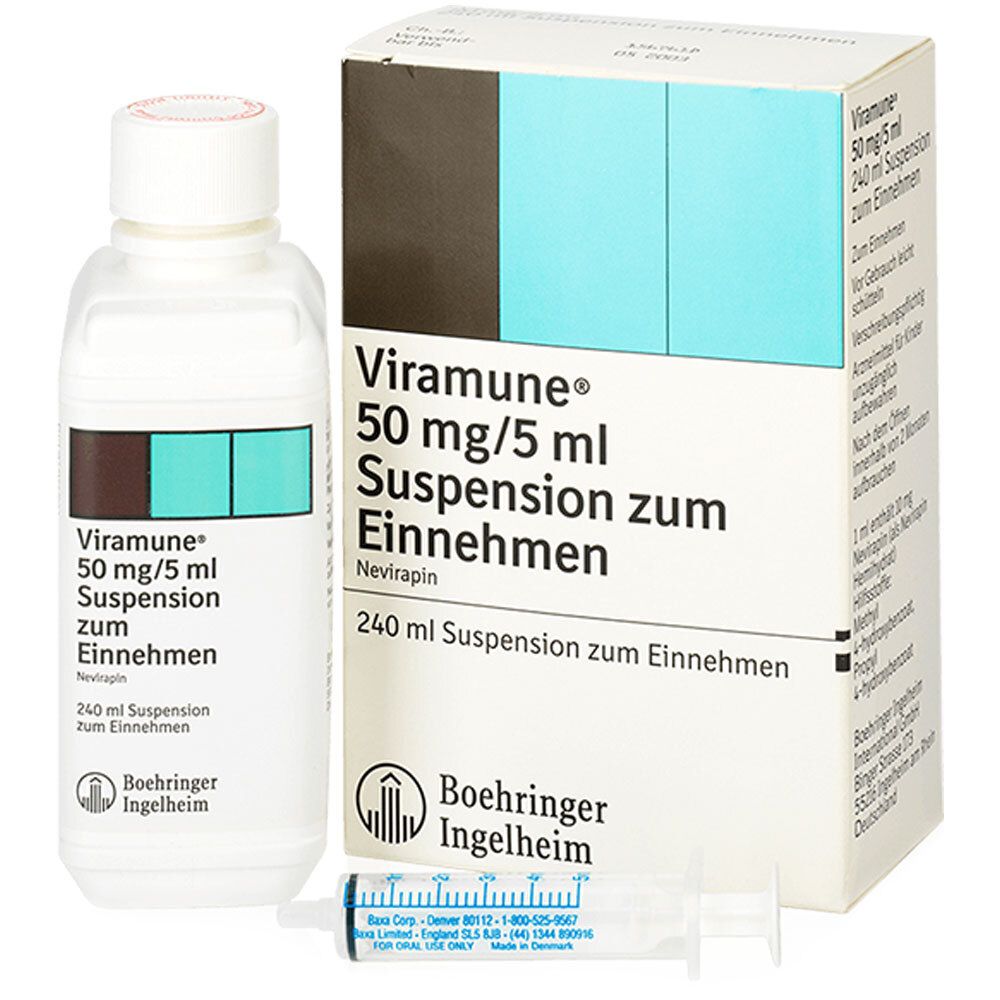 Viramune 50 mg/5 ml Suspension zum Einnehmen, Flasche und Verpackung. Inklusive Spritze. Boehringer Ingelheim Logo.