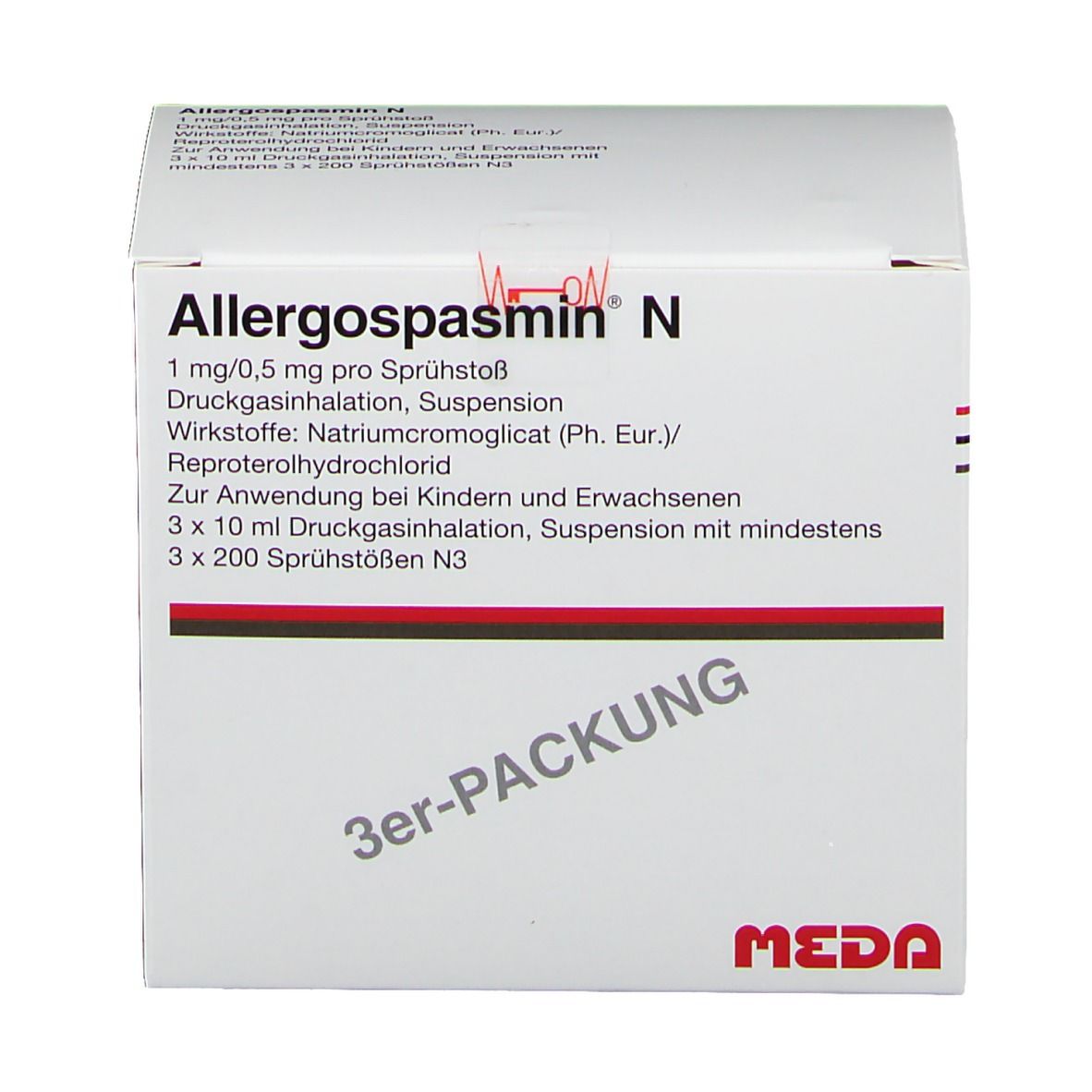 Weißer Karton mit roter und schwarzer Linie. Aufschrift: Allergospasmin N, 3er-PACKUNG, MEDA.