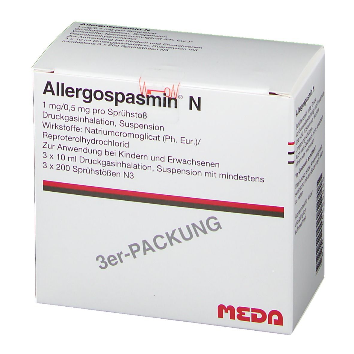 Weißer Karton mit roter und schwarzer Linie. Aufschrift: Allergospasmin N, 3er-PACKUNG, MEDA.