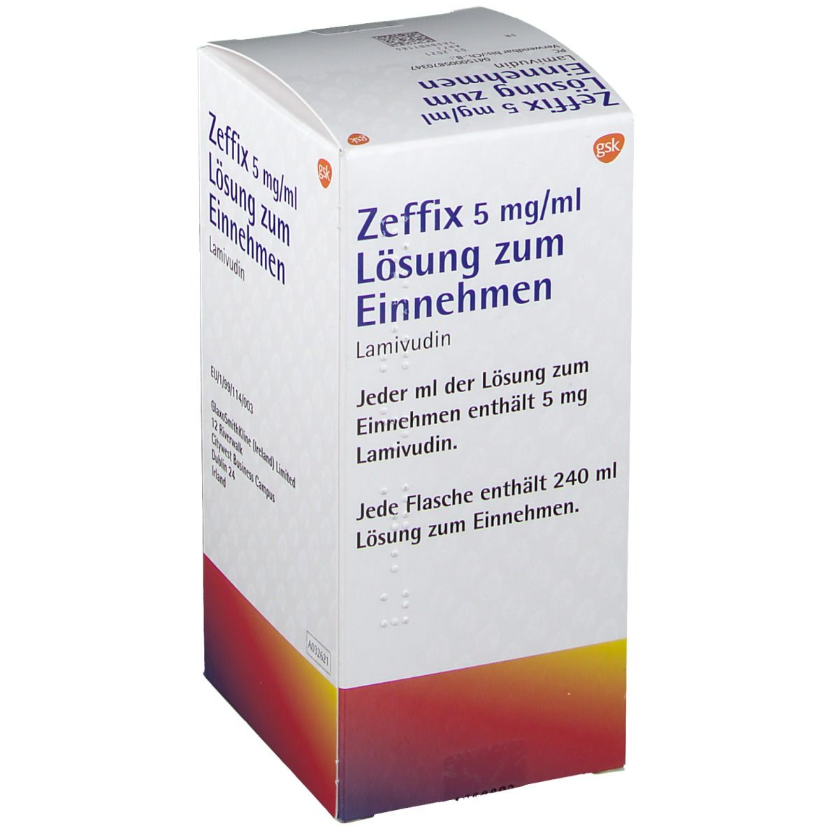 Schachtel mit Aufschrift Zeffix 5 mg/ml Lösung zum Einnehmen. Enthält Lamivudin. Die Packung enthält 240 ml Lösung.