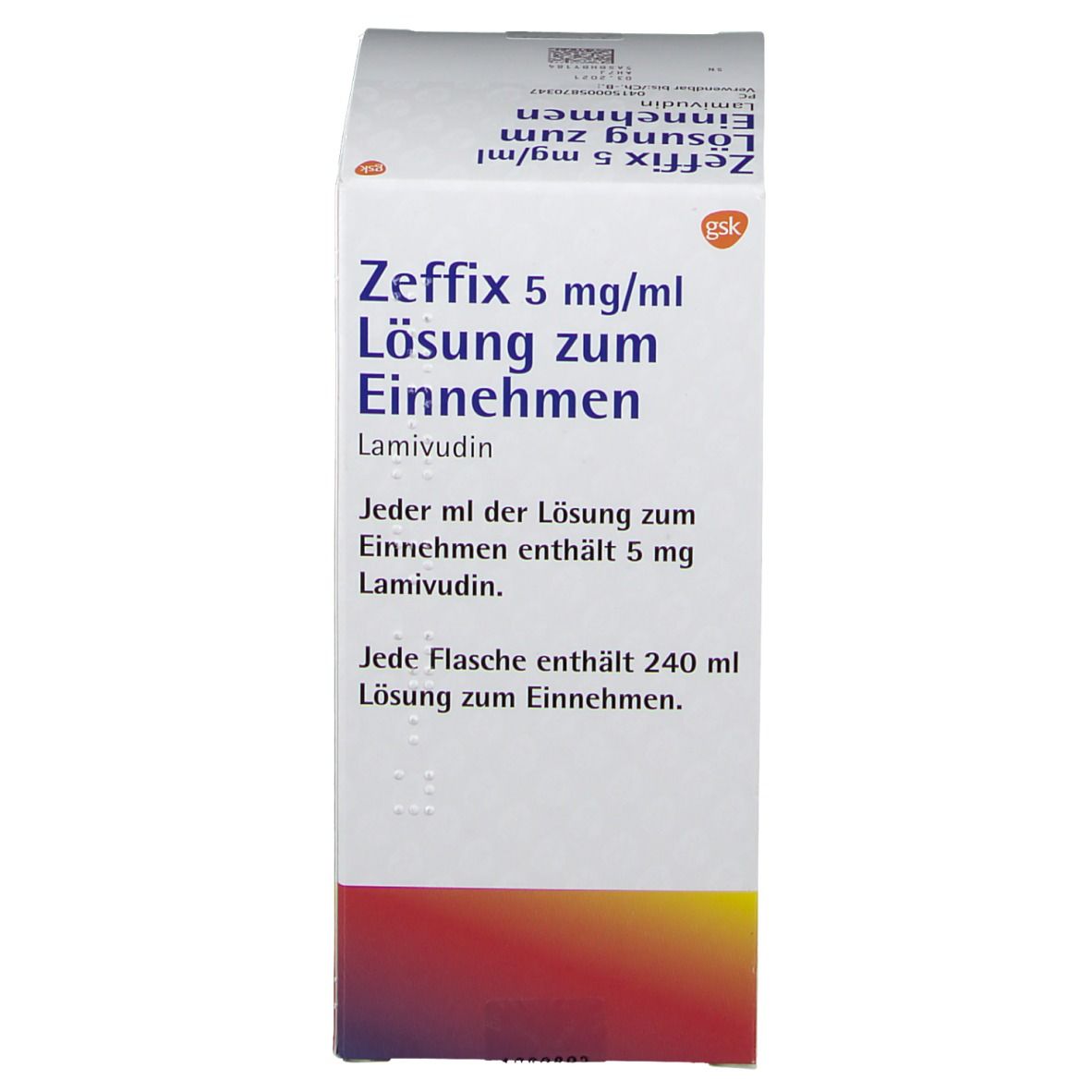 Zeffix 5 mg/ml Lösung zum Einnehmen, Lamivudin, in einer Schachtel. Enthält 240 ml Lösung.
