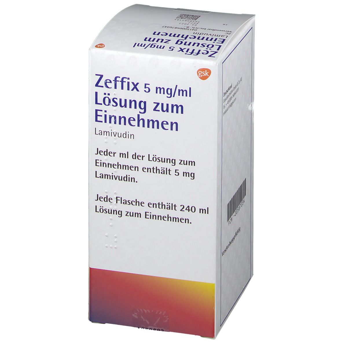 Zeffix 5 mg/ml Lösung zum Einnehmen, Lamivudin, in einer Schachtel. Enthält 240 ml Lösung.
