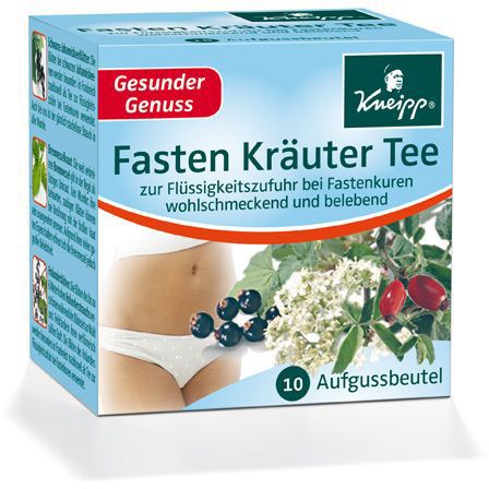 Kneipp Fasten Kräuter Tee-Verpackung. Blaue Schachtel mit Text und Abbildung. 10 Aufgussbeutel.