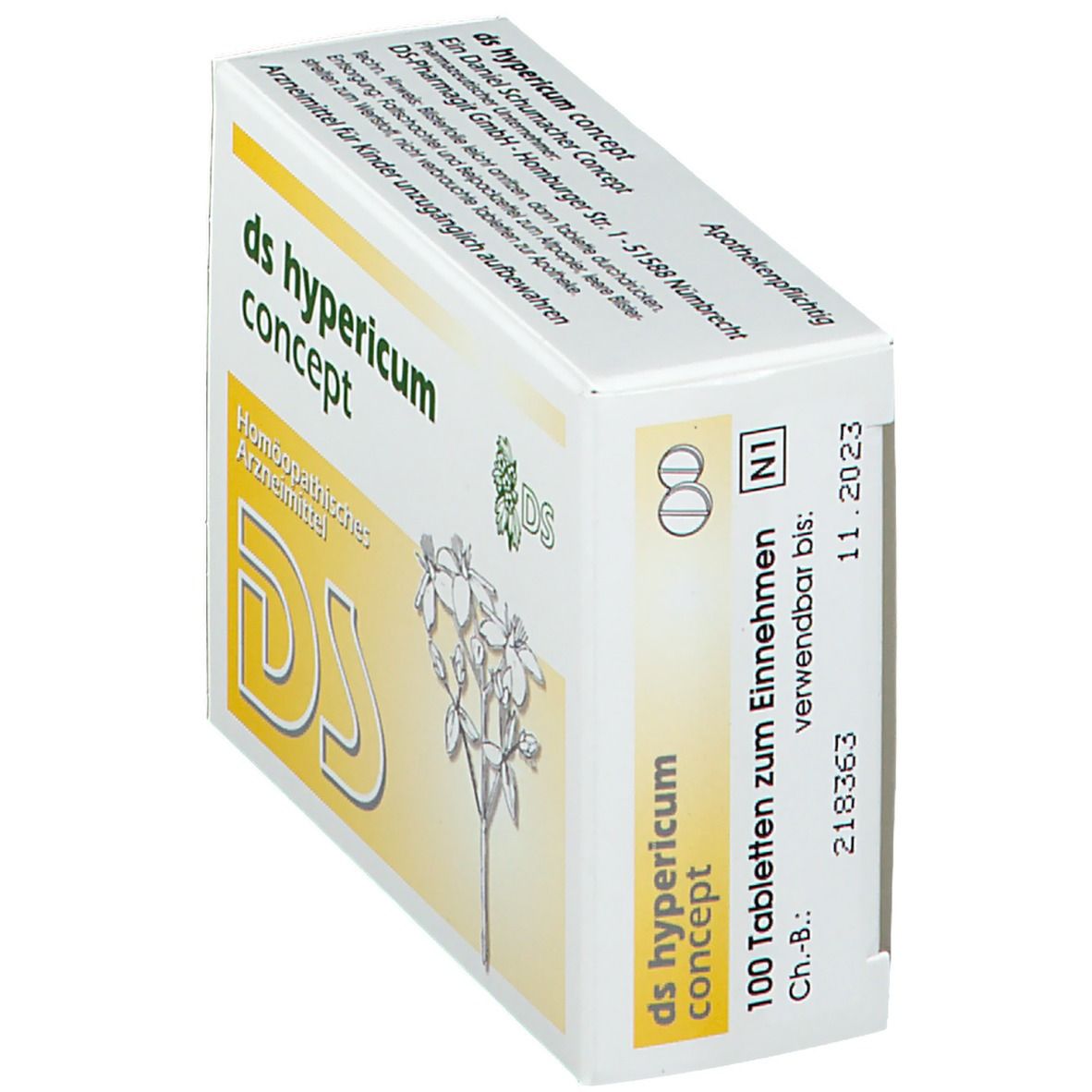 Schachtel mit "ds hypericum concept"-Schriftzug, floraler Illustration und "DS"-Logo. Enthält 100 Tabletten. Verwendbar bis 11.2023.