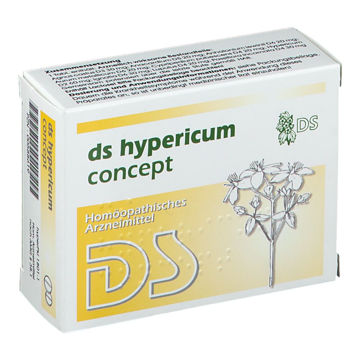 Weiß-gelbe Schachtel mit "ds hypericum concept"-Schriftzug, floraler Illustration und "DS"-Logo. Homöopathisches Arzneimittel. Inhaltsangabe.