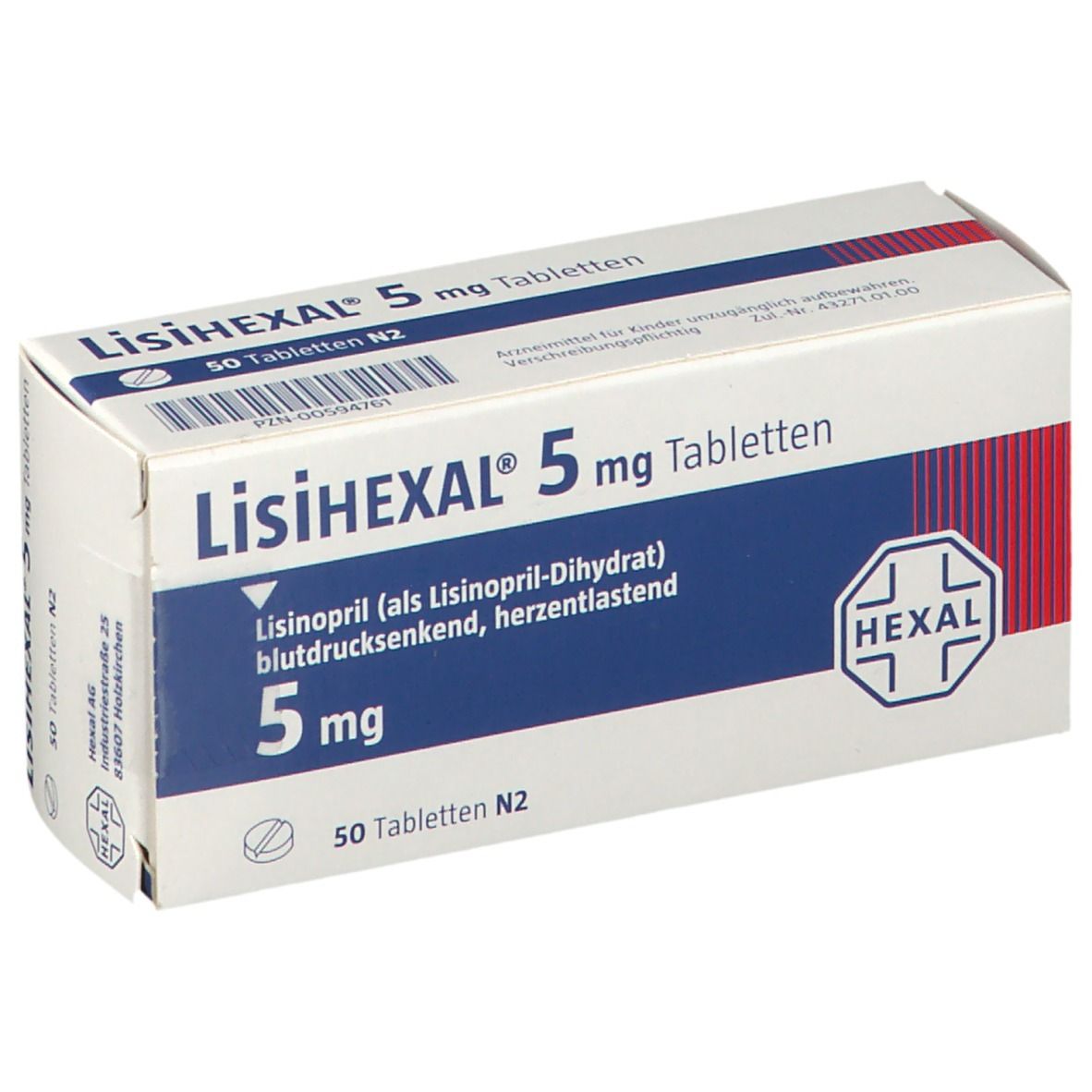 LisiHEXAL 5 mg Tabletten-Packung. Blaue und weiße Schachtel mit Produktnamen, Dosierung und HEXAL-Logo.