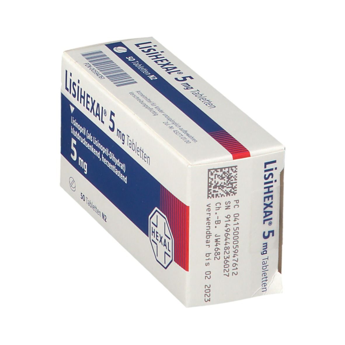LisiHEXAL 5 mg Tabletten-Packung. Schachtel schräg, zeigt Produktnamen, Dosierung, HEXAL-Logo und QR-Code.