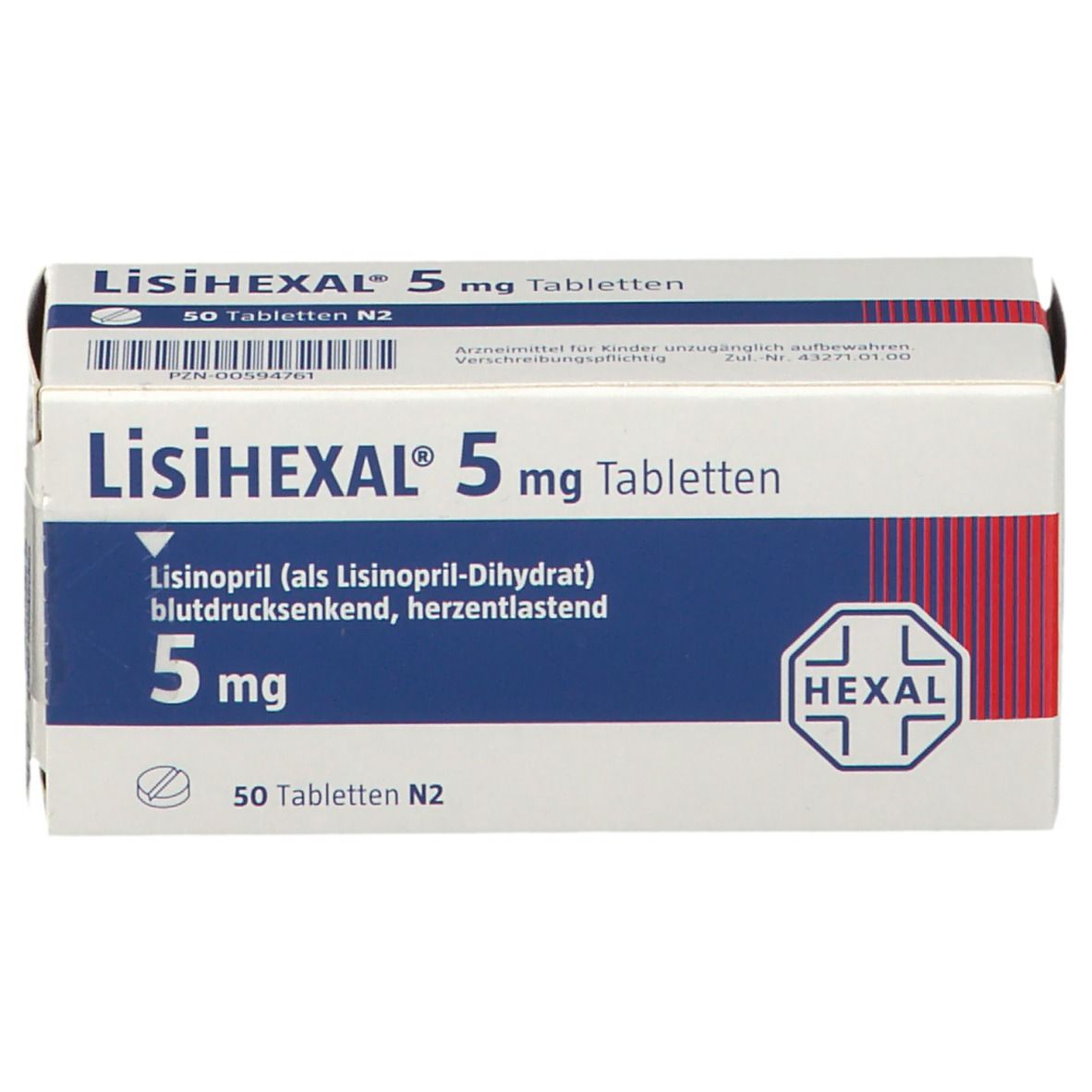 LisiHEXAL 5 mg Tabletten-Packung. Blaue und weiße Schachtel mit Produktnamen, Dosierung und HEXAL-Logo.