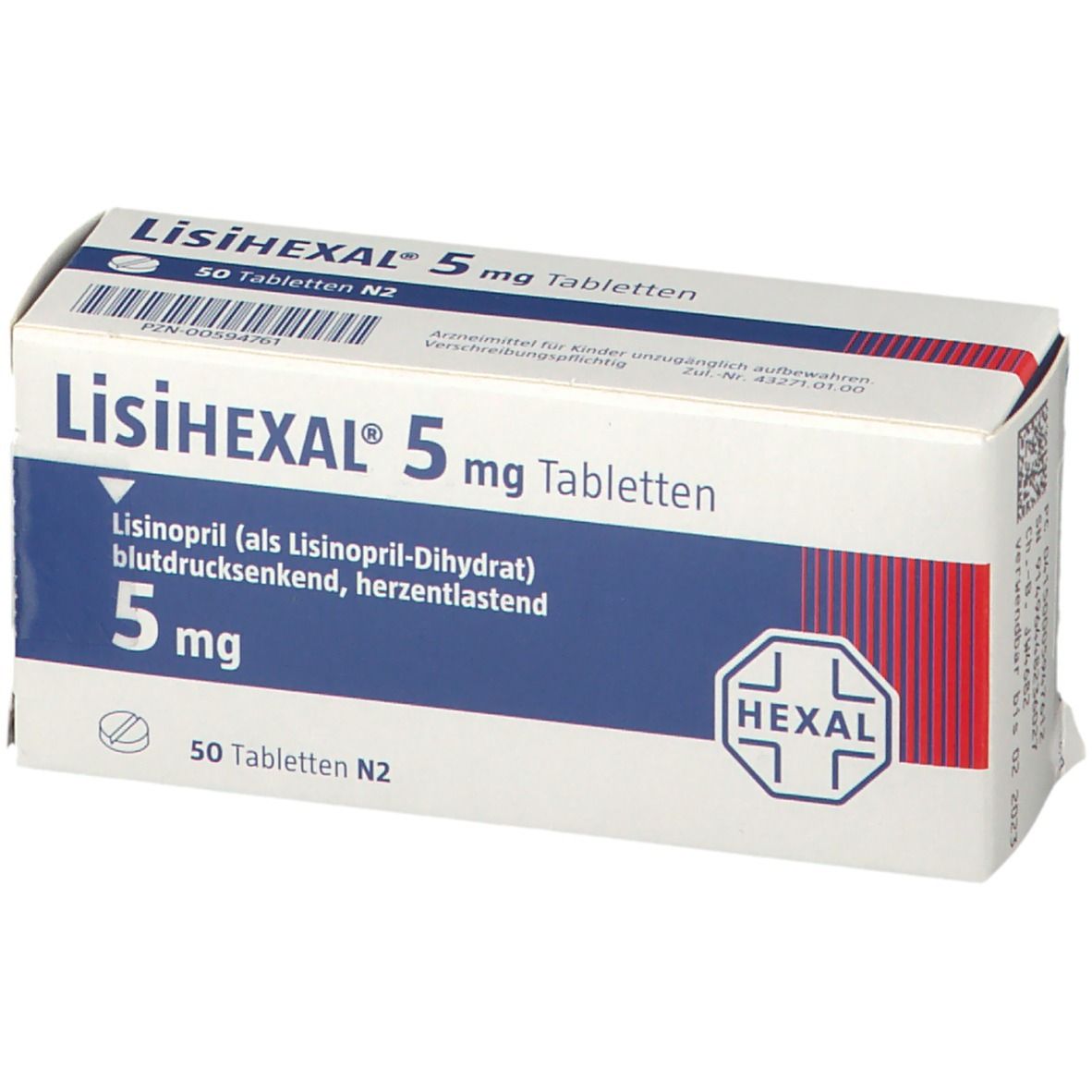 LisiHEXAL 5 mg Tabletten-Packung. Blaue und weiße Schachtel mit Produktnamen, Dosierung und HEXAL-Logo.