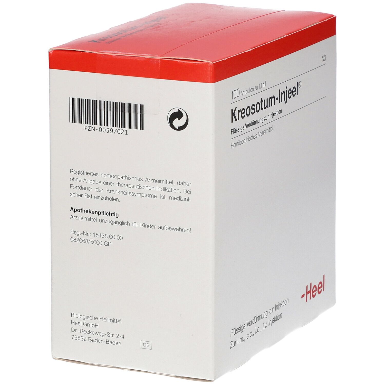 Weißer Karton mit rotem Deckel. Aufschrift: Kreosotum-Injeel®. Rückseite mit Text. Marke Heel.