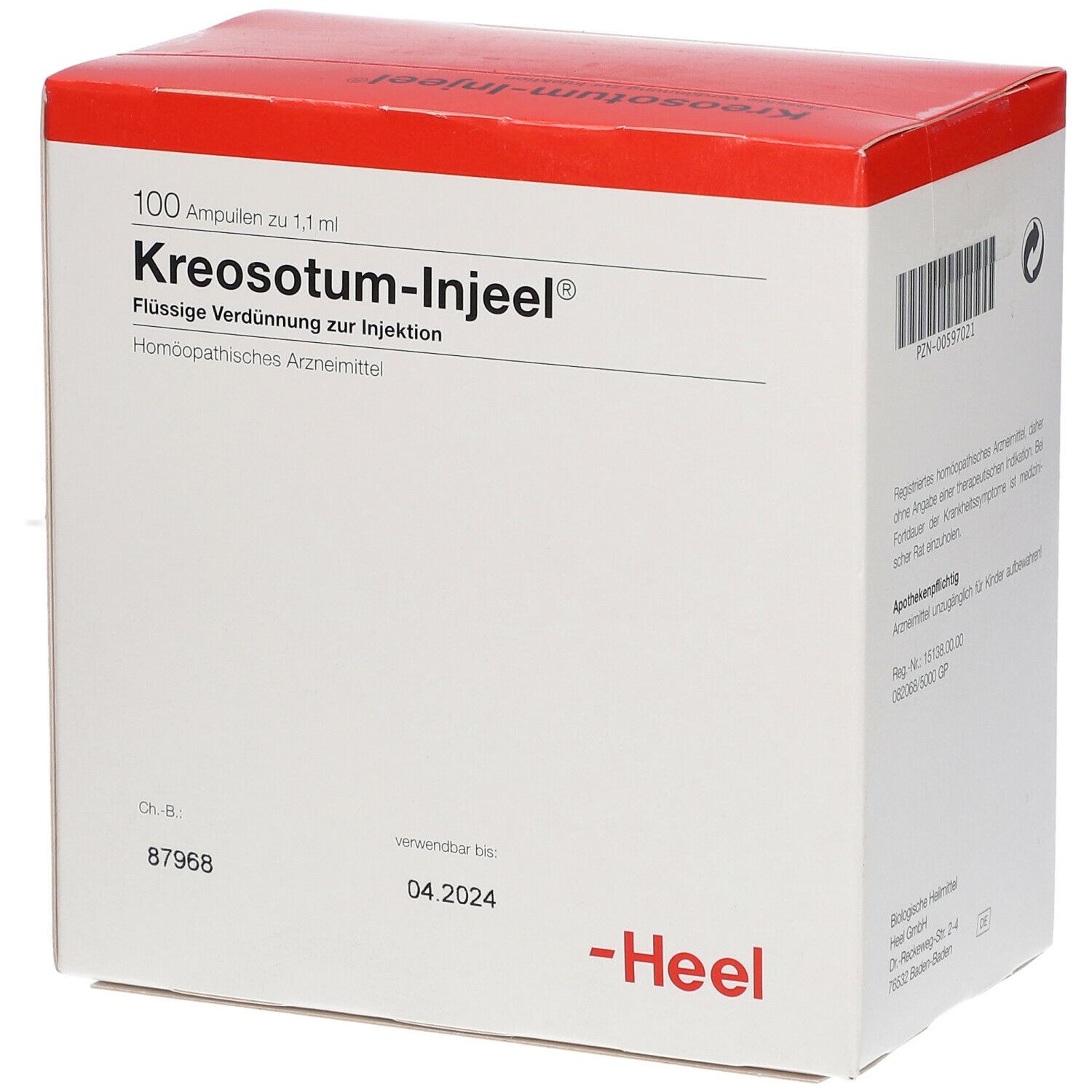 Weißer Karton mit rotem Deckel. Aufschrift: Kreosotum-Injeel®, 100 Ampullen. Verfallsdatum. Marke Heel.