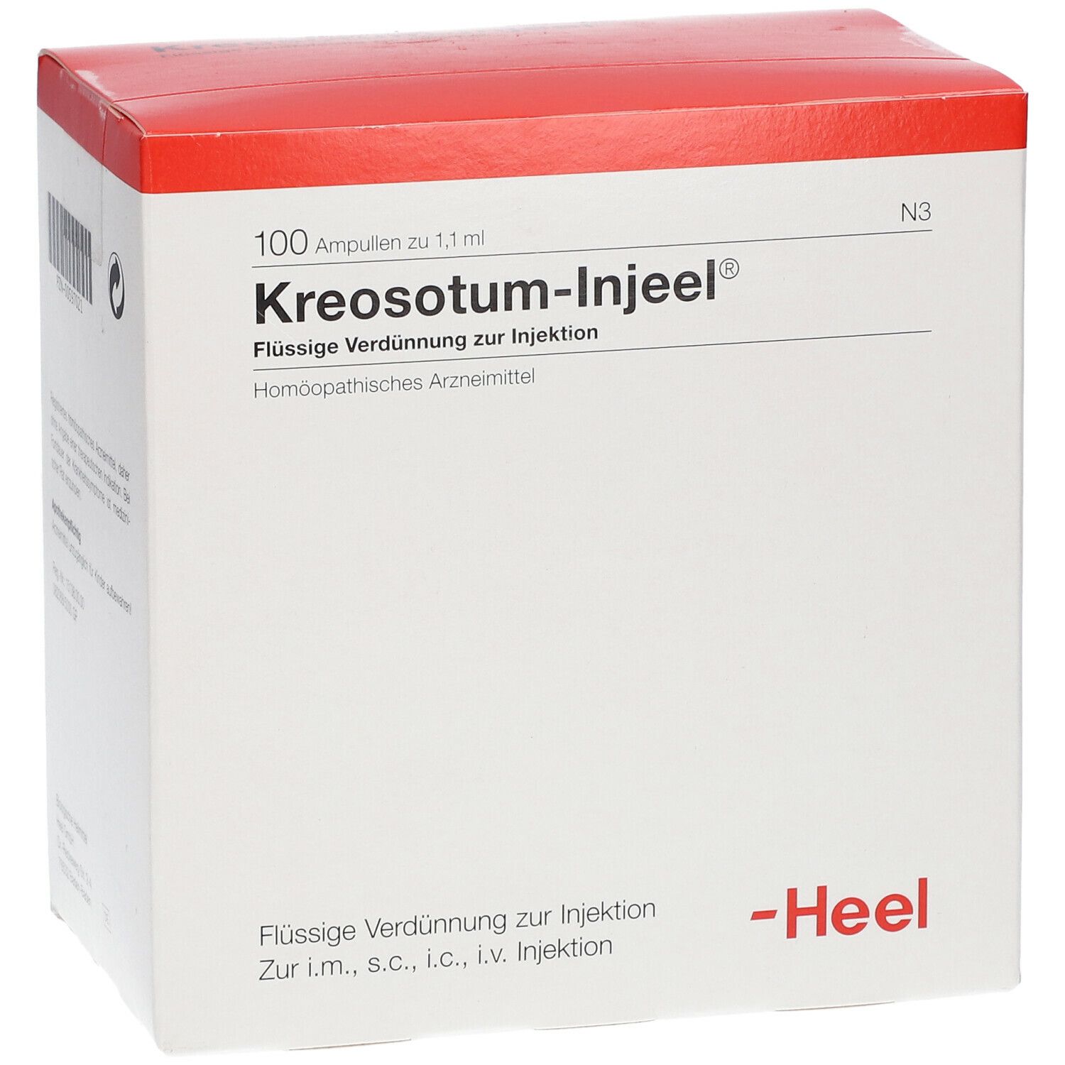 Weißer Karton mit rotem Deckel. Aufschrift: Kreosotum-Injeel®, 100 Ampullen. Marke Heel.