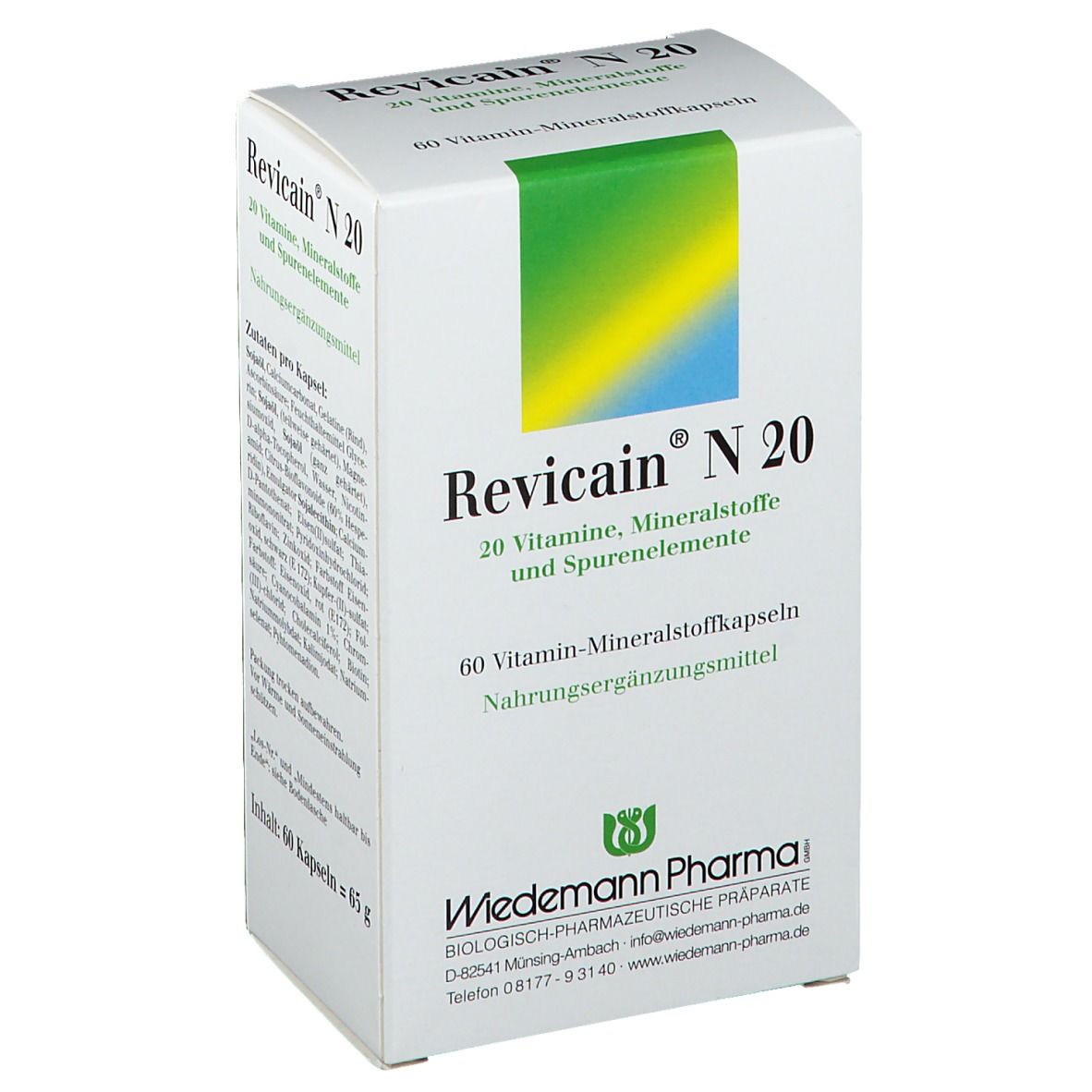 Weiße Schachtel mit "Revicain® N 20"-Aufdruck. Enthält 60 Vitamin-Mineralstoffkapseln. Logo von Wiedemann Pharma.