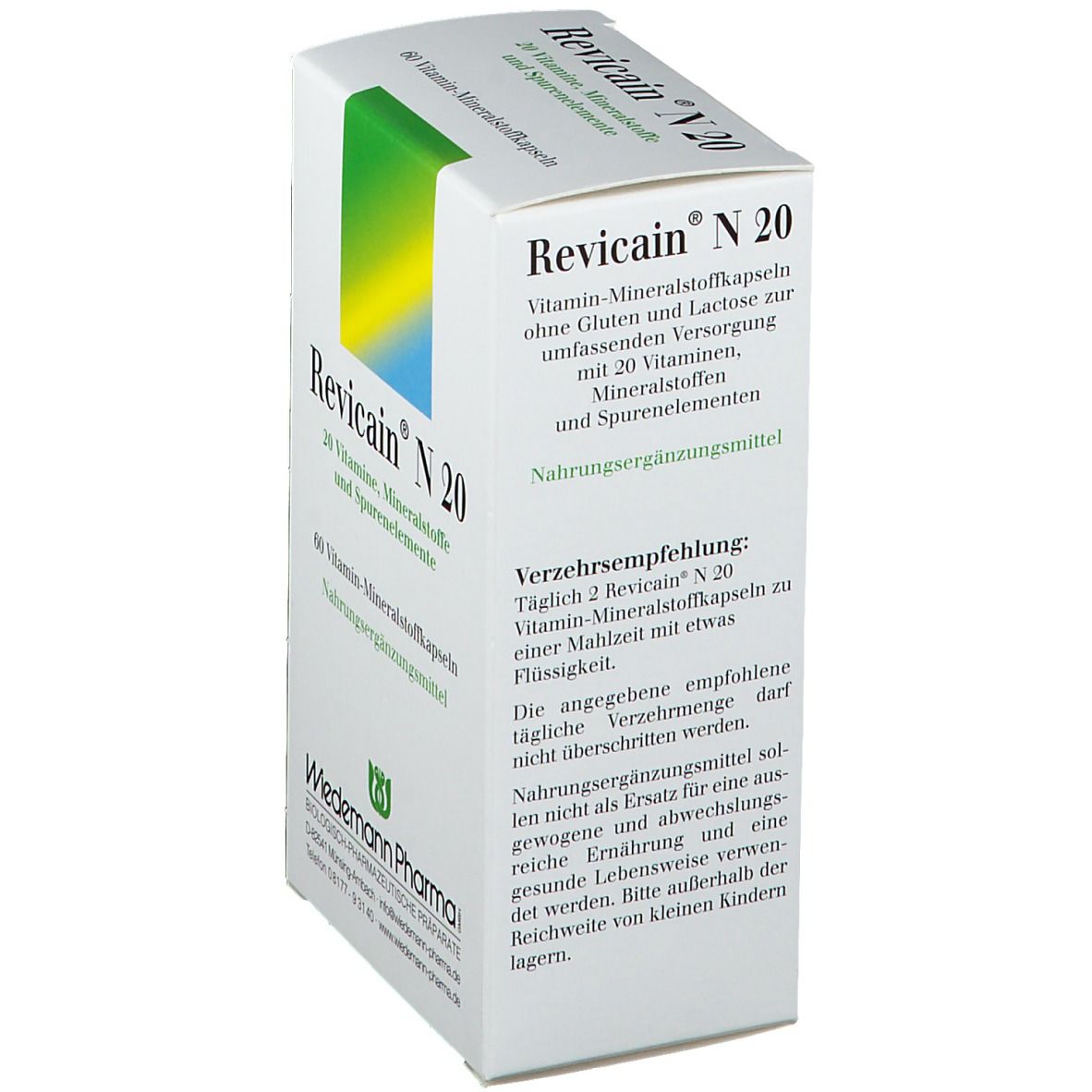 Schachtel "Revicain® N 20". Text: Vitamin-Mineralstoffkapseln. Enthält 20 Vitamine, Mineralstoffe und Spurenelemente. Text und Logo Wiedemann Pharma.